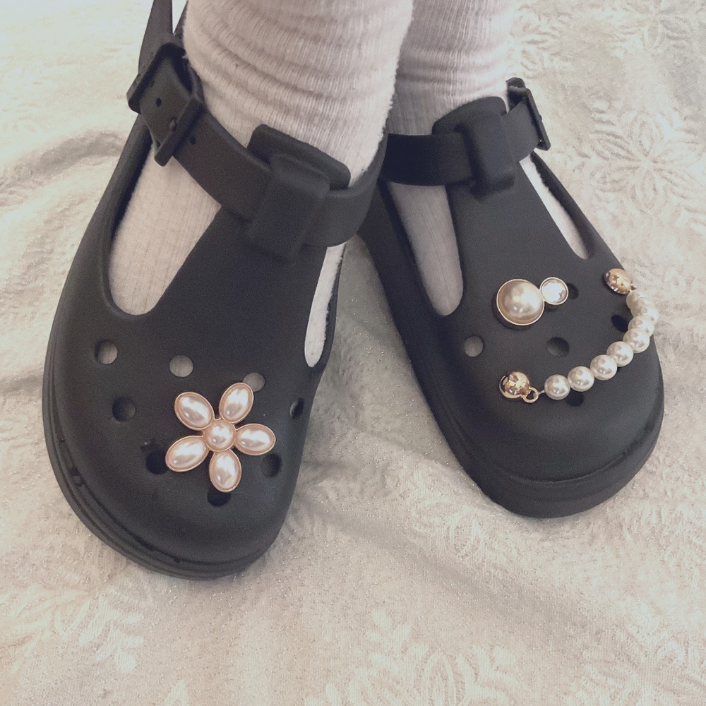 Black Crocs Mary Janes with pearl Jibbitz women’s 8